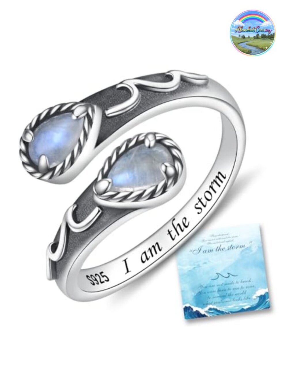 Natural Moonstone Ring for Women 925 Sterling Silver Adjustable Ring